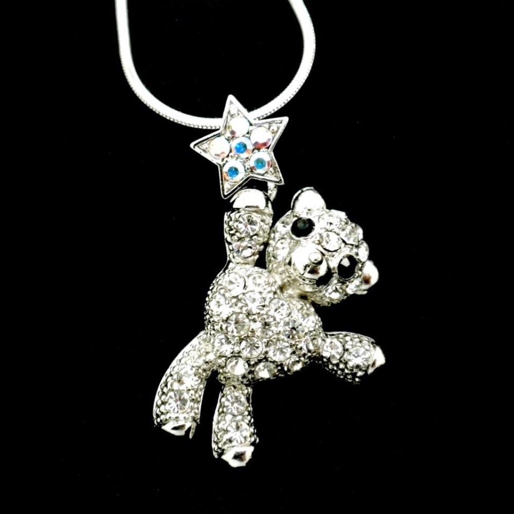Teddy Bear Austrian Crystal Pendant Necklace 16"